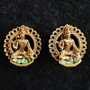Vintage Buddha "Tara" Clip On Earrings- Gold Tone W/Faux Jade